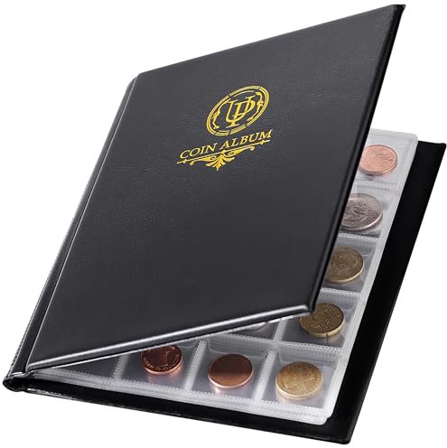 200 Pockets Coin Album - Coin Collecting Book with 10 Pages, 33x33 mm Grid Holder for Pounds Pence Cents Dollars Nickel (Black) CS48200BK