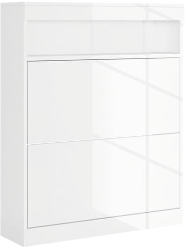 HOMCOM Narrow Shoe Cabinet, Wall Mounted or Freestanding Shoe Storage Cabinet with 2 Flip Drawers and Open Shelf for 12-16 Pairs of Shoes for Entryway, High Gloss White