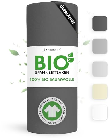 Jacobson Bio Spannbettlaken ÜBERLÄNGE 200x220cm Baumwolle Spannbettlaken, GOTS zertifiziertes Bettlaken, 160g/m² Jersey Spannbetttuch (200x220, Anthrazit)