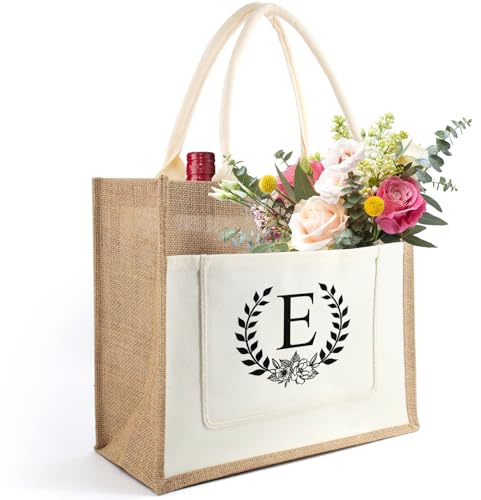 Personalized Initial Jute Tote Bag, Reusable Shopping Bag, Present Bag, Suitable for Wedding, Birthday, Beach, Holiday, Great Gift for Women, Mom, Teachers, Nurses, Best Friends, Bridesmaids(E)