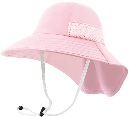 DRESHOW Kids Sun Hat Baby UV Protection Summer Hats with Neck Protection Adjustable Summer Beach Bucket Cap with Wide Brim Neck Flap & Chin Strap for Toddler Boys Girls