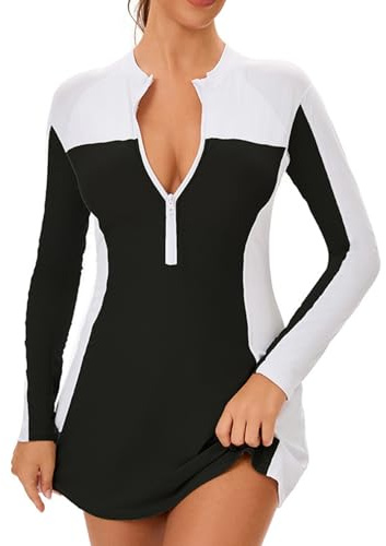 Rswnyirn Maillot de Bain 1 Piece Femme Robe de Bain Plage Piscine Combinaison avec Short Intégré Plongée Natation Ete Anti UV Noir L