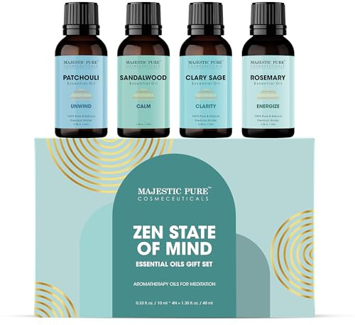Majestic Pure Meditation Essential Oil Set – Rosemary, Sandalwood, Clary Sage & Patchouli Aromatherapy Oils for Relaxation, Stress Relief, Sleep & Yoga – 4 x 10ml Pack