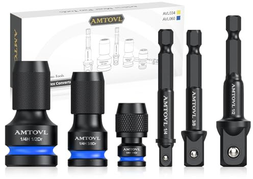 AMTOVL Impact to 1/4 Hex Converter - 1/2 3/8 1/4-INCH Drive Female to 1/4-Inch Hex Adapter with 3PCS Socket Adapter Set for Ratchet Wrench Drivers, Impact Bit Holders, Quick-Change Chuck (Blue)