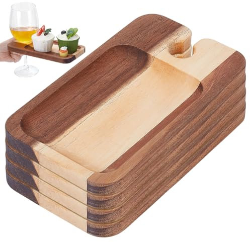 UNICRAFTALE 4 assiette à Vin en Bois avec Support pour Verre Plateau à Fromages Camel avec Support pour Bouteilles de Vin pour Réunions de Famille Pique Niques 21x12x1.5cm