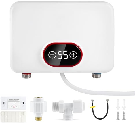 Jellybibo Mini calentador de agua instantáneo, actualización 2025, 5500 W, 220 V, calentador de agua eléctrico con indicador de temperatura LED, IPX4, resistente al agua, almacenamiento debajo de la