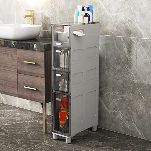 Mobile da bagno sottile a 5 cassetti con cassetti trasparenti e ruote per piccoli spazi, robusta torre portaoggetti per carta igienica e articoli da toeletta