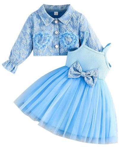Kunyeah Tutu-klänning för babyflickor med kofta liten flicka tyll ärmlös klänning blommig spetsjacka småbarn långärmad outfit