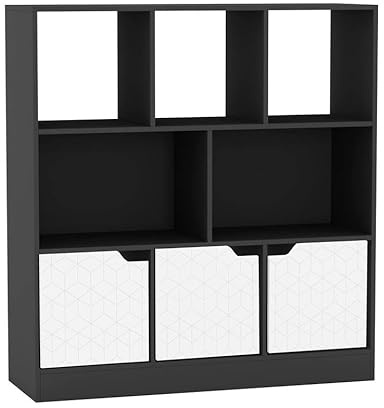 URBNLIVING Librería asimétrica negra de 8 cubos, estantería de almacenamiento independiente con 3 puertas, puertas de diseño geográfico, color blanco