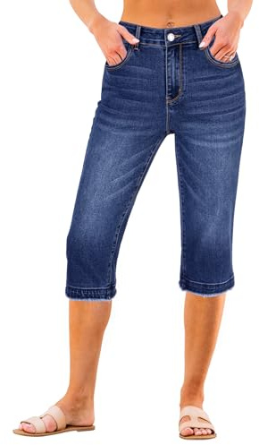 luvamia Stretch Denim Capris for Women Womens Capri Jeans Straight Leg Womens Capri Pants Midrise Darkness Blue X-Large