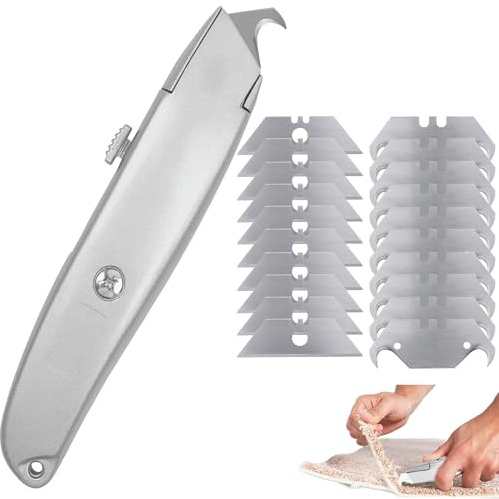 Set Coltello da Tappeti con Lama a Gancio e Lama Trapezoidale – Coltello Professionale per Tappeti con 10 Lame a Gancio e 10 Lame Trapezoidali