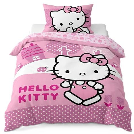 BrandMac Hello Kitty sängkläder för barn | påslakan 140 x 200 cm + örngott 50 x 70 cm | 100 % bomull | mjukt och andningsbart | officiell Hello Kitty Sanrio Design (Hello Kitty - rosa)