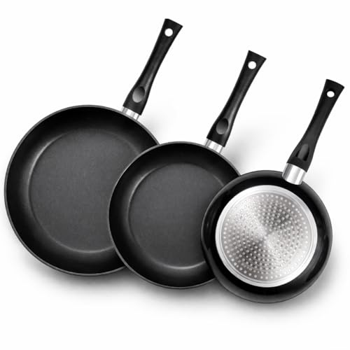 Juego de Sartenes Antiadherentes 20, 24 y 28 cm | Inducción, Gas y Vitro | Cocina sin Aceite | Revestimiento Anti Rayaduras | Mango Ergonómico | Set Sartenes Cocina Profesional Fácil Limpieza