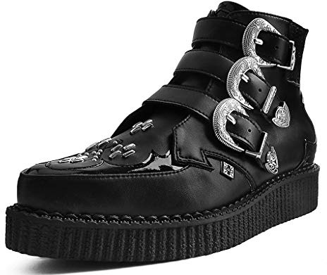 T.U.K. Black TUKskin Western Buckle Pointed Creeper Boots for Men & Women, Low Platform Boot, US 10 Women/8 Men