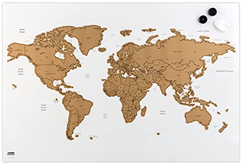 Idena 10416 – Whiteboard “World Map in weiß mit goldener Weltkarte zum Freirubbeln, inklusive zwei Magneten und Clip, ca. 60 x 40 cm groß, ideal als Wandbild, Dekoration und für den Arbeitsplatz