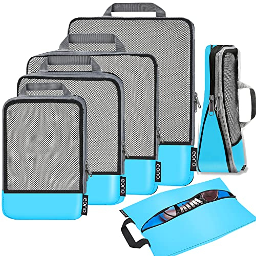 Eono Komprimierbaren Packwürfeln zur Organisation Ihres Reisegepäcks, Compression Packing Cube, Packtaschen Set und Gepäck Organizer für Rucksack und Koffer - Blau, 6-teilig