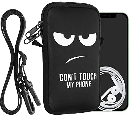 kwmobile Handytasche für Smartphones L - 6,5 - Neopren Handy Hülle Weiß Schwarz - Handy Tasche mit Kette 16,5 x 8,9 cm Innenmaße - Don't Touch My Phone
