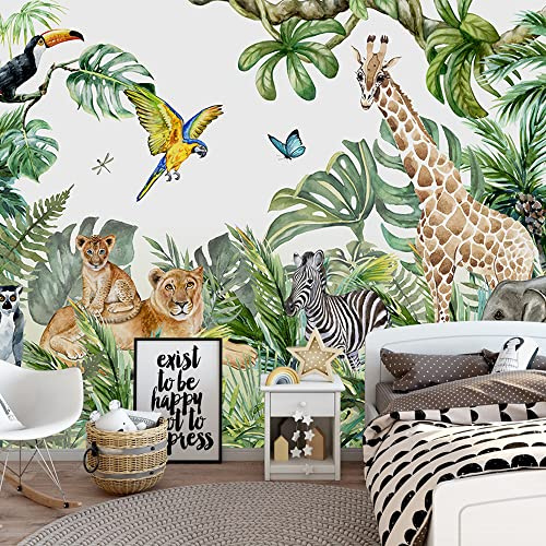 MFWFM Safari Wallpaper for Children with Animals Jungle Wall Mural Watercolor Animals Nursery Wallpaper Kids Room Decor(Not Peel n' Stick)