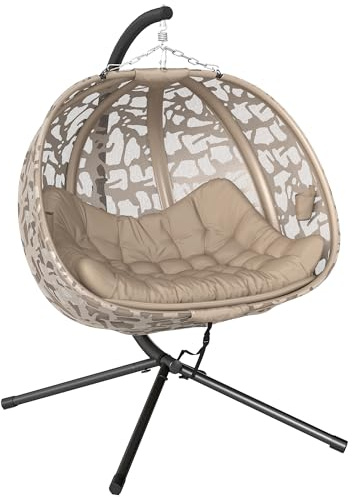 Outsunny Hängesessel, 2 Sitzer Hängestuhl mit Kissen, Hängeschaukel mit Klappbarem Sitzkorb, Seitentaschen für Indoor, Outdoor, bis 240 kg Belastbar, Polyester+Stahl, Sand