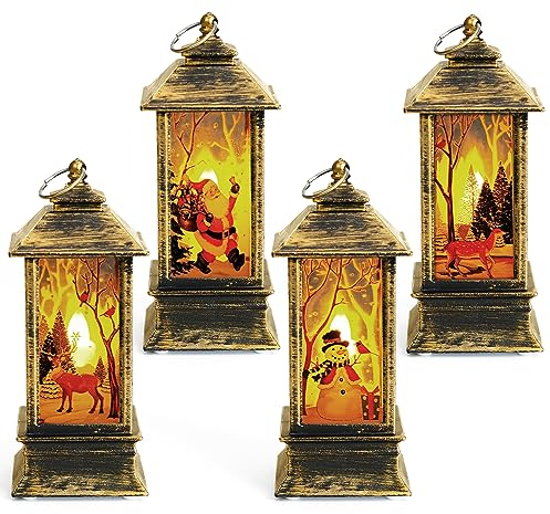 BELLE VOUS 4 Pack of Vintage Christmas LED Candle Lanterns - Decorative Hanging Fireless Night Light Lamps for Xmas - Santa Claus, Snowman and Elk Indoor/Outdoor Decor - Battery Operated