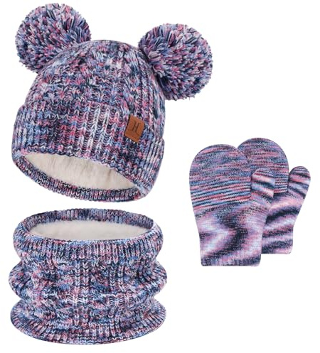 Bequemer Laden Bebe Niños invierno Gorro Termicos Pompon Bufanda Guantes Conjunto Manoplas con Forro Polar para 0-4 Años Regalo para Niñas Niños