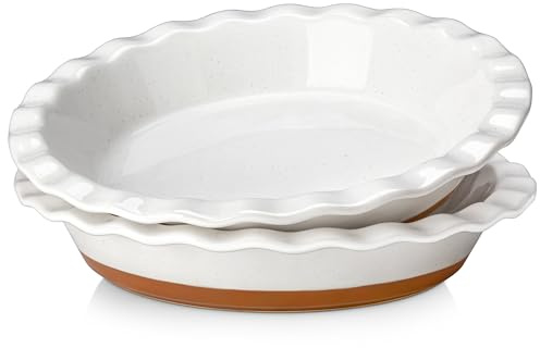 MALACASA Ceramic Pie Dishes, Pie Pan for Baking 9 Inch,40 OZ Pie Plate Round Pie Dish for Baking Fluted Pie Dish Baking Pan, Non Stick Deep Pie Dishes for Quiche (White and Brown, 2PC)