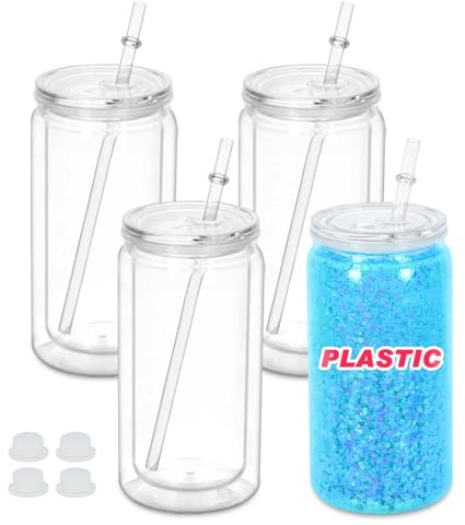 Maucircol Confezione da 4 bicchieri in plastica trasparente a doppia parete preforata, per fai da te, a doppia parete, con coperchio trasparente