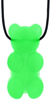 ARK - Collana da masticare con orsacchiotto gommoso, senza sostanze nocive, in 3 gradi di durezza, supporto sensoriale per bambini e adulti, cordoncino regolabile (morbido, verde trasparente)