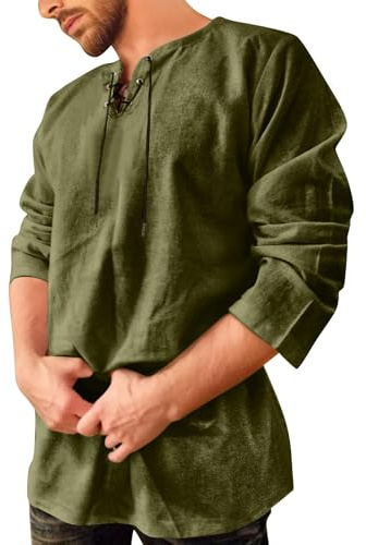 Bauzuoyo Camicia medievale da uomo a tunica in lino, a maniche lunghe, stile retrò, con lacci, stile gotico, stile retrò, stile vichingo, casual, estivo, da pescatore, vestibilità regolare, verde