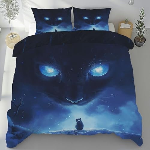 LLponhg Bettwäsche 220x240 Fantasy-Katze Bettwäsche Set Weich Microfaser Kuschelige Bettwäsche, Blauer Sternenhimmel Wendebettwäsche Anime-Katze Bettbezug und Kissenbezug 80x80cm mit Reißverschluss