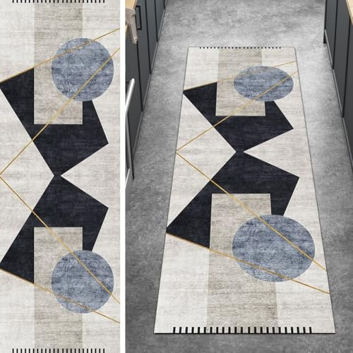 Ymural Tappeto da cucina lavabile, antiscivolo, colore grigio, nero, 110 x 400 cm, patchwork per corridoio, tappeto a pelo corto, in poliestere, per camera da letto