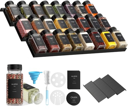 BugyKido Juego de tarros de especias con estante, (24 x 120 ml) botes de especias con 6 estantes para especias, 372 etiquetas para especias, organizador de especias de cocina, cajón, especias de