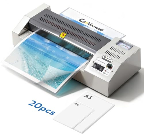 CGOLDENWALL Plastifieuse A3, pour 68 à 250 Microns, Vitesse 660m/min | Machine à Plastifier avec 4 Rouleaux, pour Lamination à Chaud/Froid, Réchauffage Rapide, Anti-Blocage, avec Kit de Démarrage