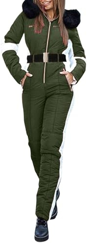 Couawaticy Combinaison de neige une pièce pour femme, imperméable, coupe-vent, isolée, avec capuche, pour le ski, le snowboard et les sports d'hiver en plein air, Vert militaire., L