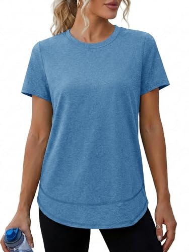 Fisoew Damen Sportshirt Fitness Rundhals T-Shirt Kurzarm Workout Tops Leicht Gym Oberteile Blau XL