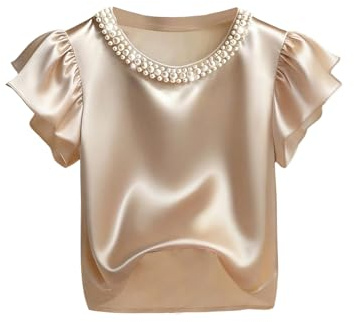 BEAUDRM Women's Elegant Pearl Satin Tops Silk Ruffle Short Sleeve Crew Neck Work Office Going Out T Shirt Apricot Small