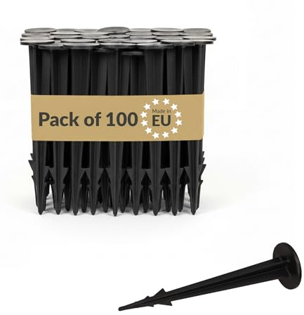 BAKOKI 100 anclajes de plástico para fijación contra malas hierbas, resistentes a los rayos UV, púas, diámetro de la cabeza 25 mm para red de topos, vellón de suelo, mantillo, césped