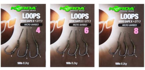 Korda DF Wide Gape X Micro Barbed Loop Rigs Size 4, 18lb Ready-Tied Carp Fishing Rigs, Barbless Hook with Easy Loop-to-Loop Attachment, Pre-Tied Semi-Stiff Braided Material for Combi-Rig Setup, 3-Pack