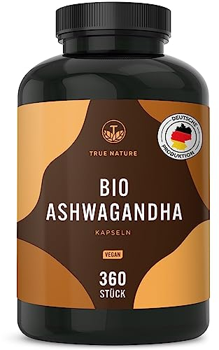 Bio Ashwagandha - 360 Kapseln (BIG PACK) - Hochdosierte 2600mg pro Tag (90 Tage) - 650mg pro Kapsel - indische Bio Schlafbeere - Vegan, Laborgeprüft, Deutsche Produktion - TRUE NATURE