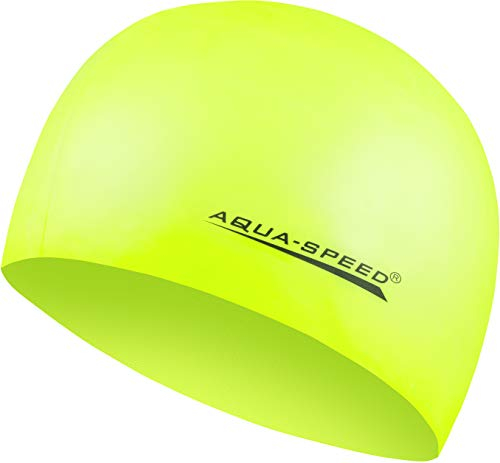 Aqua Speed MEGA gelbe Badekappe | Damen Herren | Kinder Bademütze | Bunte Badehaube | wasserdichte Schwimmhaube | Badehüte für Erwachsene | Silikonbadekappe | gelb 18