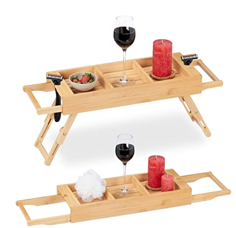 Relaxdays Badewannenablage Bambus, ausziehbar 67,5-101 cm, Badewannenbrett mit Füßen, 3 Fächer & 2 Rasiererhalter, Natur