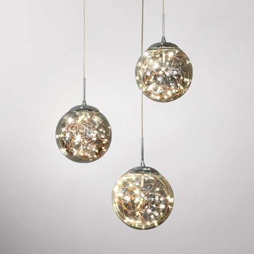 KAUCQI LED Globe Suspension Verre Lustre Lampe Suspension Salon 3 Boule Pendentif Lumière LED 3500K, Longueur ajustable Lumières Suspendues Modernes pour Bureau, îlot de Cuisine suspension 3 abat jour
