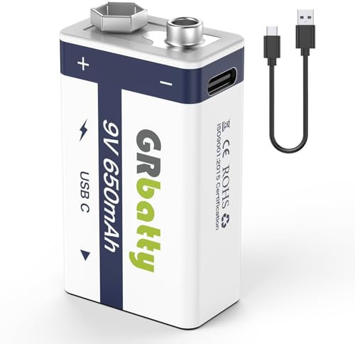 GRbatty Wiederaufladbare USB 9V Akku Lithium, 650mAh High Capacity 9 Volt Block Lithium Akku für Rauchmelder, elektronisches Spielzeug, 1,5 Stunden Schnellladung, mit Ladekabel USB-C (1 Stück)