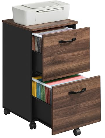 VASAGLE 2-Drawer Filing Cabinet, Mobile File Cabinet for Home Office, Small Rolling Filing Cabinet, Printer Stand, A4, Letter-Size Files, Natural Walnut and Ink Black CUSTOS Collection OFC040KE01