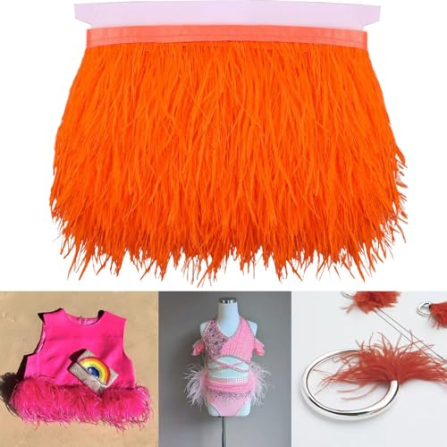 GXTIZAS Orange Ostrich Feathers Trim 2.5Yards Fringe Trim Feather for Crafts Sewing Costumes, Latin Wedding Dresses, Stage Outfit DIY Accessories