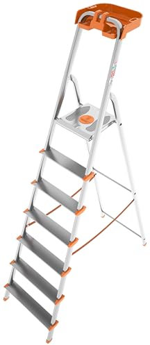 COLOMBO Scala Pieghevole in Alluminio 3/4/5/6/7/8 Gradini – Struttura Robusta, Ampia Piattaforma, Gradini Senza Rivetti e Vaschetta Portautensili – Portata 150Kg, Conforme EN131 TÜV-GS – Made in Italy