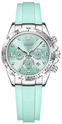 OLEVS Women's Analog Watch Chronograph Fashion Luxury Diamond Female Watches Silicone Strap Waterproof Calendar Casual Wrist Watch for Ladies