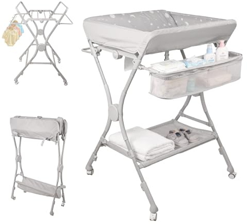 Baby Changing Table Infant Changing Unit Foldable Changing Station with Storage Organizer and Wheels Hanging Racks, Baby Care Station for Newborn Babies