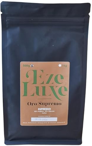 EzeLuxe Oro Supremo, Caffè espresso 80% Arabica (Brasile) / 20% Robusta (India) — Tostatura media, Noce & Cioccolato al latte, Intensità 7 — 500 g/1 kg + Caraffa per espresso (1, 500 g)