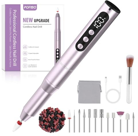 POFIBO Fresa per Unghie Professionale – 12 in 1 Lima Elettrica per Unghie 35000 RPM con Display LCD, 5 Velocità Regolabili, Ricaricabile per Gel e Acrilico, Manicure e Pedicure (Viola)